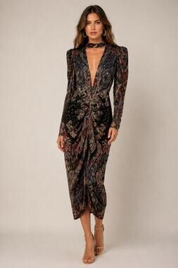 Rococo Sand Metallic Paisley Ruched Midi Dress | Size S